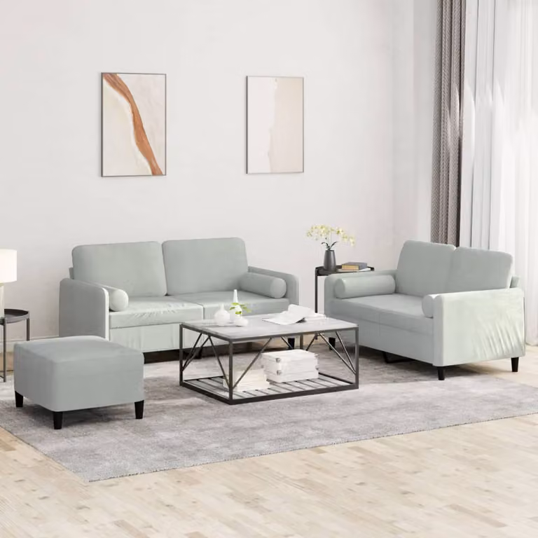 vidaXL Set di Divani 3 pz in Velluto Grigio con Cuscini e Struttura in Metallo e MDF