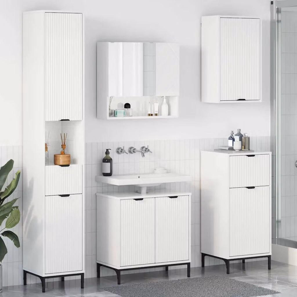 Set di mobili da bagno moderni vidaXL in bianco lucido con mobile lavabo, pensile e colonna alta