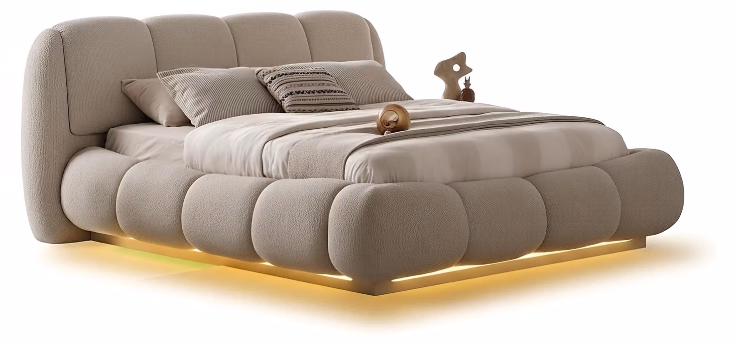 Letto imbottito moderno, beige, design tessuto boucle, matrimoniale, effetto velluto