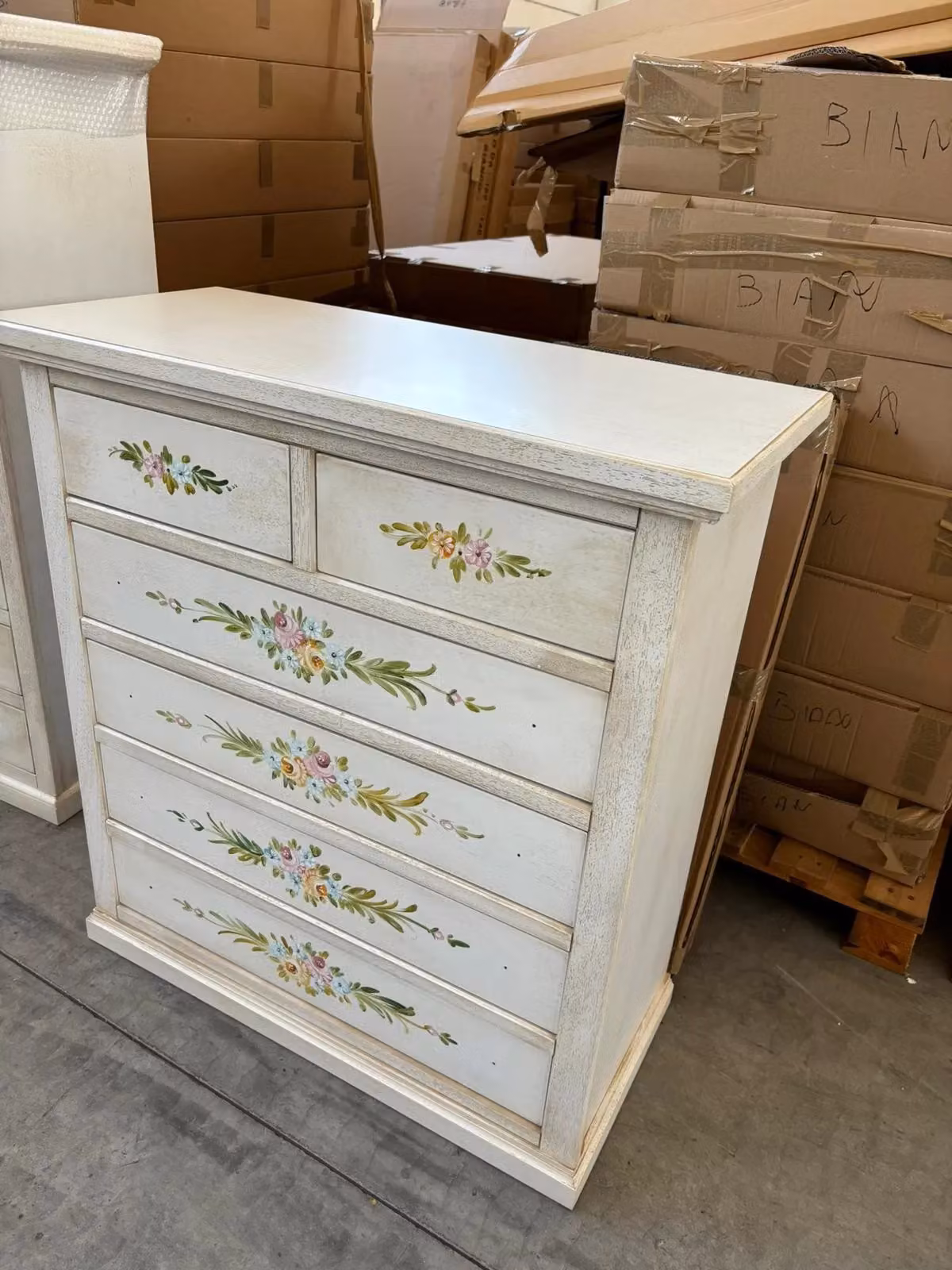 Cassettiera in legno con 6 cassetti in stile shabby chic bianco anticato decorato Mobili 2G L: 86 cm, P: 40 cm, H: 96 cm – 2