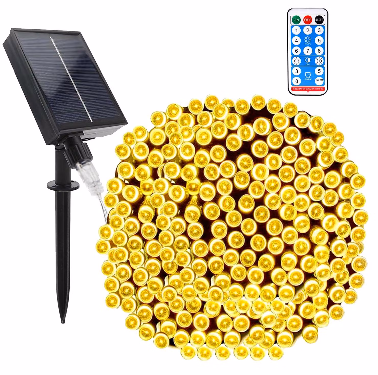 Catena luminosa solare, 200 LED, 22 metri, luce bianco caldo, con telecomando, grado di protezione IP65