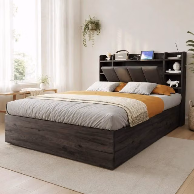 Letto singolo idraulico 140 x 200 cm con vano contenitore; prese USB e Tape-C; MDF grigio