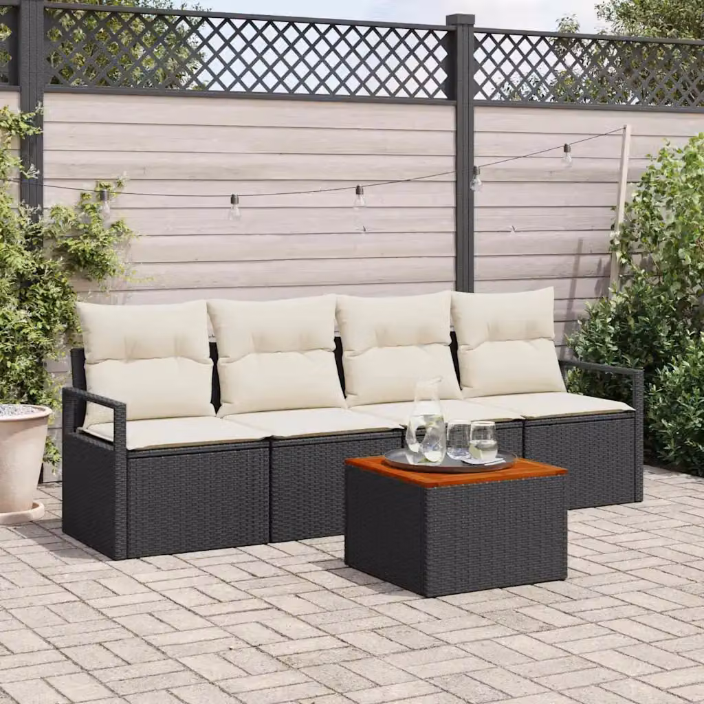 Set Divano da Giardino Moderno vidaXL 5 Pezzi Nero con Cuscini e Tavolino in Polyrattan e Acciaio – 1