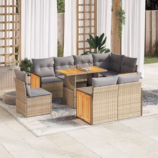 Set Divano da Giardino vidaXL 9 pz in Polyrattan e Legno di Acacia con Cuscini Beige e Grigio