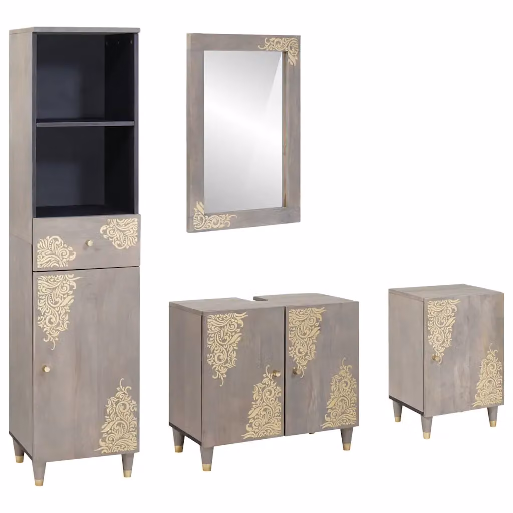 Set di 4 mobili da bagno vidaXL in legno di mango massello grigio con dettagli oro