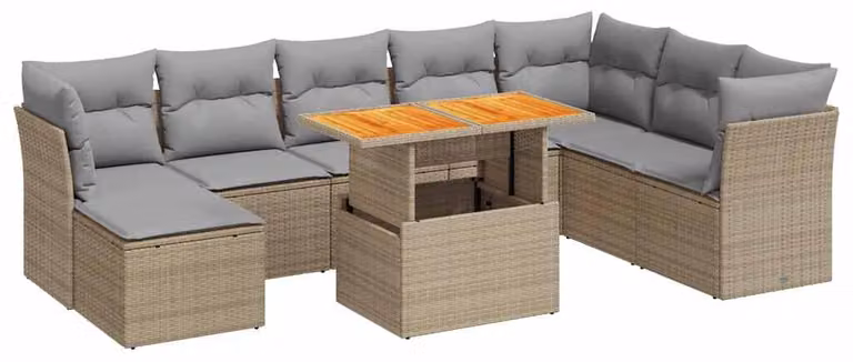 Set da salotto 9 pezzi, color beige, in rattan sintetico, completo di cuscini, con tavolo regolabile