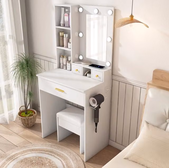 Tavolo da trucco con specchio LED a 3 modalità; presa e supporto asciugacapelli in MDF bianco