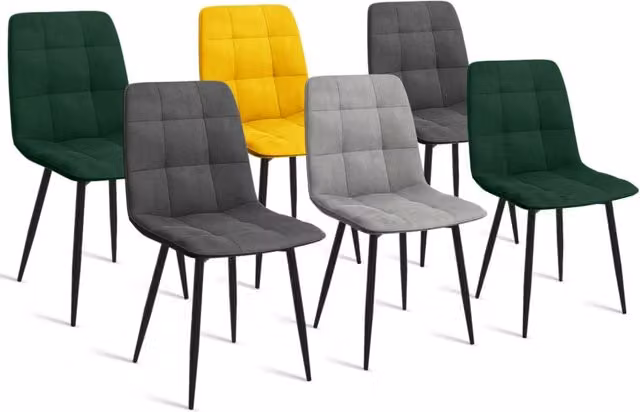 Set di 6 sedie MILA IDMarket in velluto multicolore: 2 verde, 2 grigio scuro, 1 grigio chiaro e 1 giallo