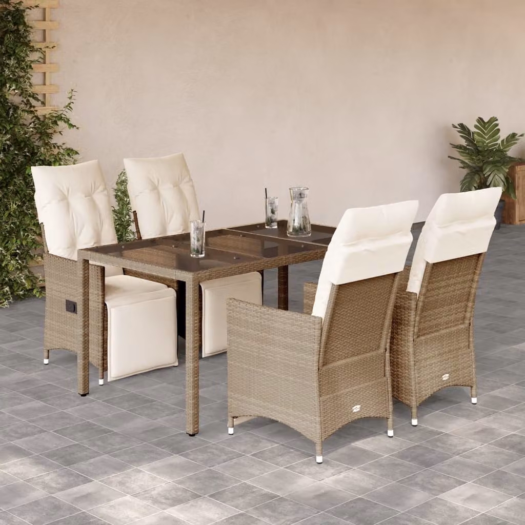 Set da Bistrò da Giardino 5 pz vidaXL in Polyrattan con Cuscini Beige e Piano in Vetro – 1