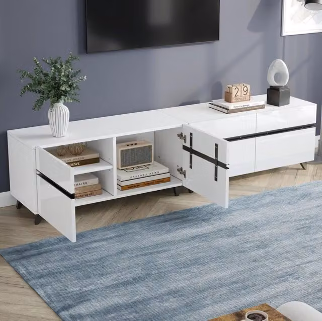 mobile TV 180x40x49 cm bianco - 4 ante, vano contenitore nascosto