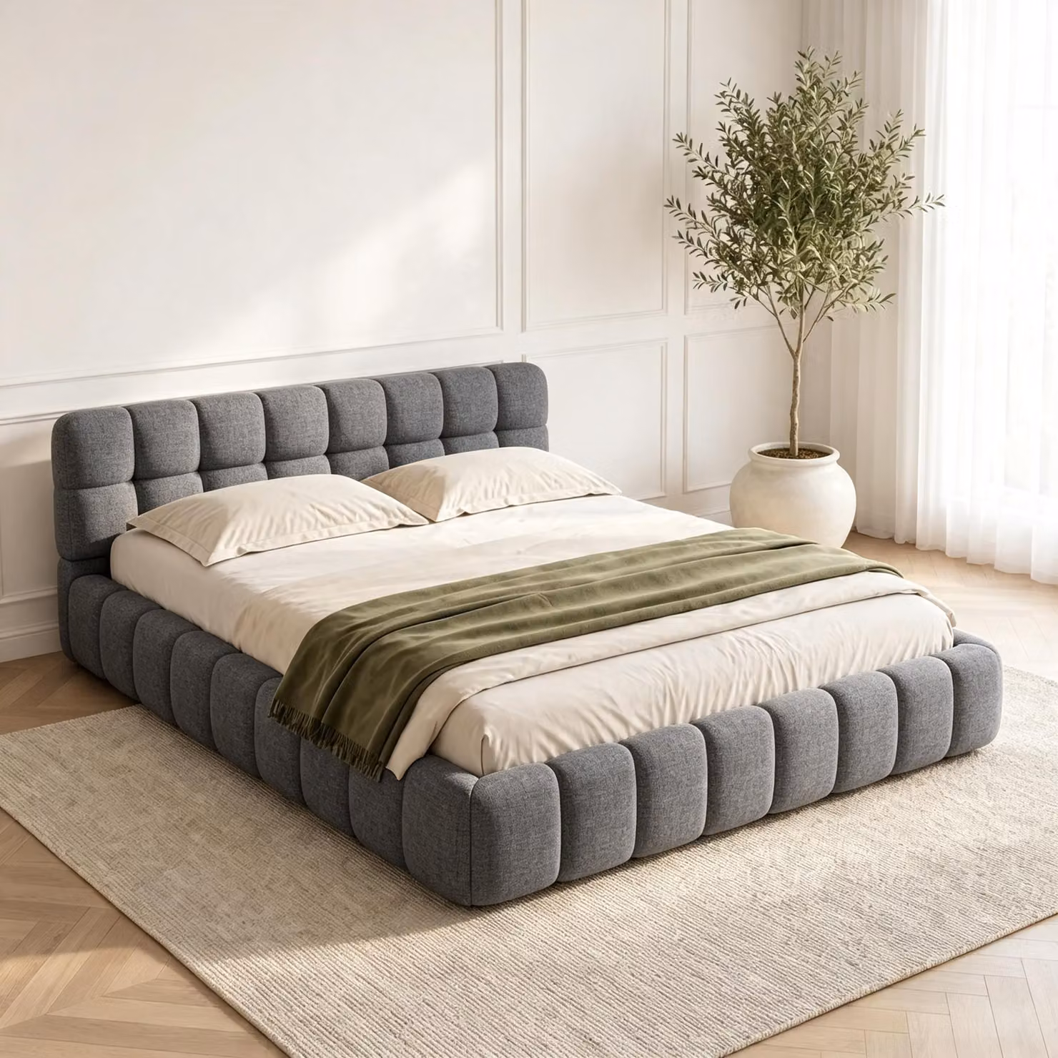 Letto imbottito INONEFT modello Bubble, 140x190 cm, letto matrimoniale con rete a doghe, letto per ragazzi con testiera e schienale imbottiti, tessuto in lino, colore grigio