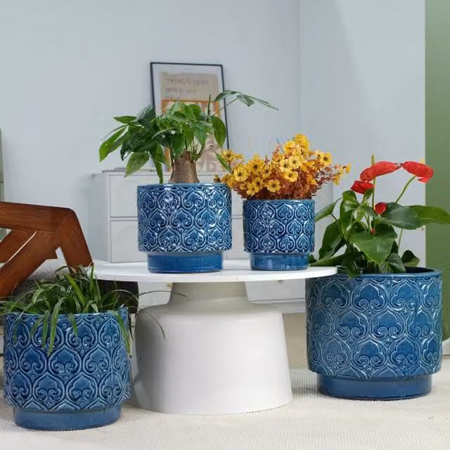 Set di 4 vasi per piante Minimal in ceramica blu lucido per giardino, balcone o interno, H: 38 cm, 35 cm, 31,5 cm, 24 cm, 19 cm