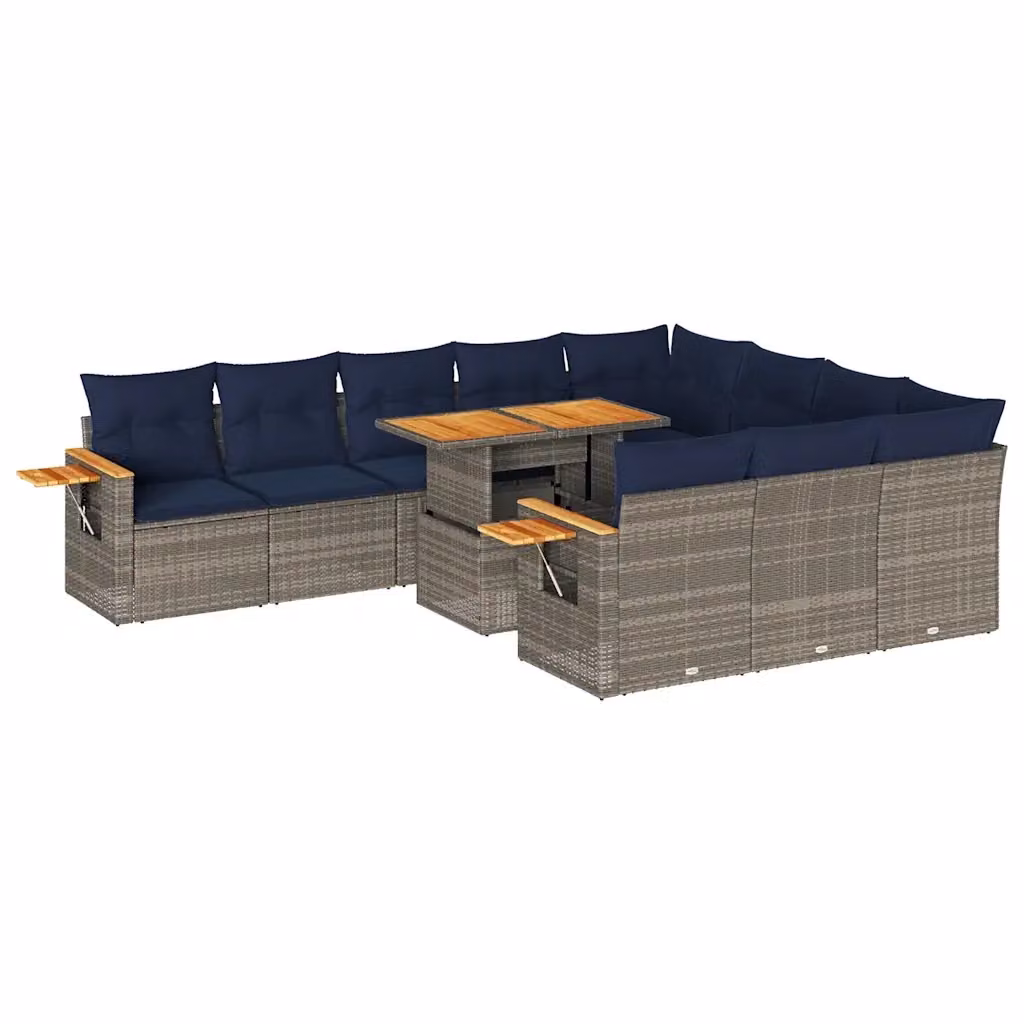 Set di divani da giardino vidaXL a forma di L composto da 11 pezzi in polyrattan e legno di acacia con cuscini inclusi, colore grigio e blu – 2