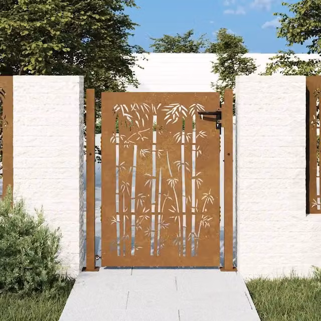Cancello da giardino 100x125cm in acciaio Corten e design bambù 153240