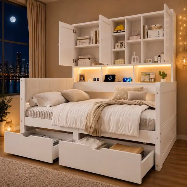 Letto singolo 90x200 bianco con LED, ricarica USB/USB-C, cassetti e contenitori