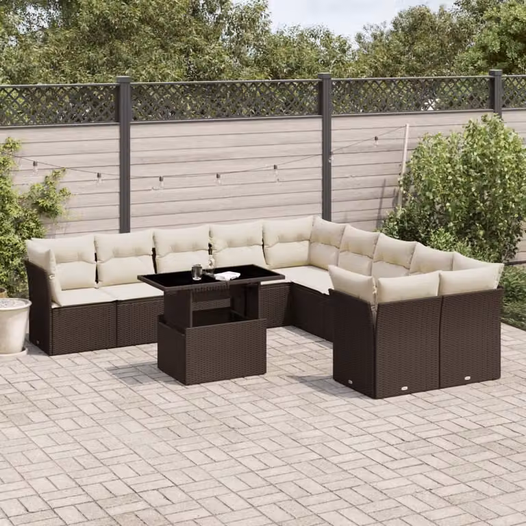 vidaXL Set Divani da Giardino 11 pz in Polyrattan Marrone e Bianco con Cuscini e Tavolino da Esterno
