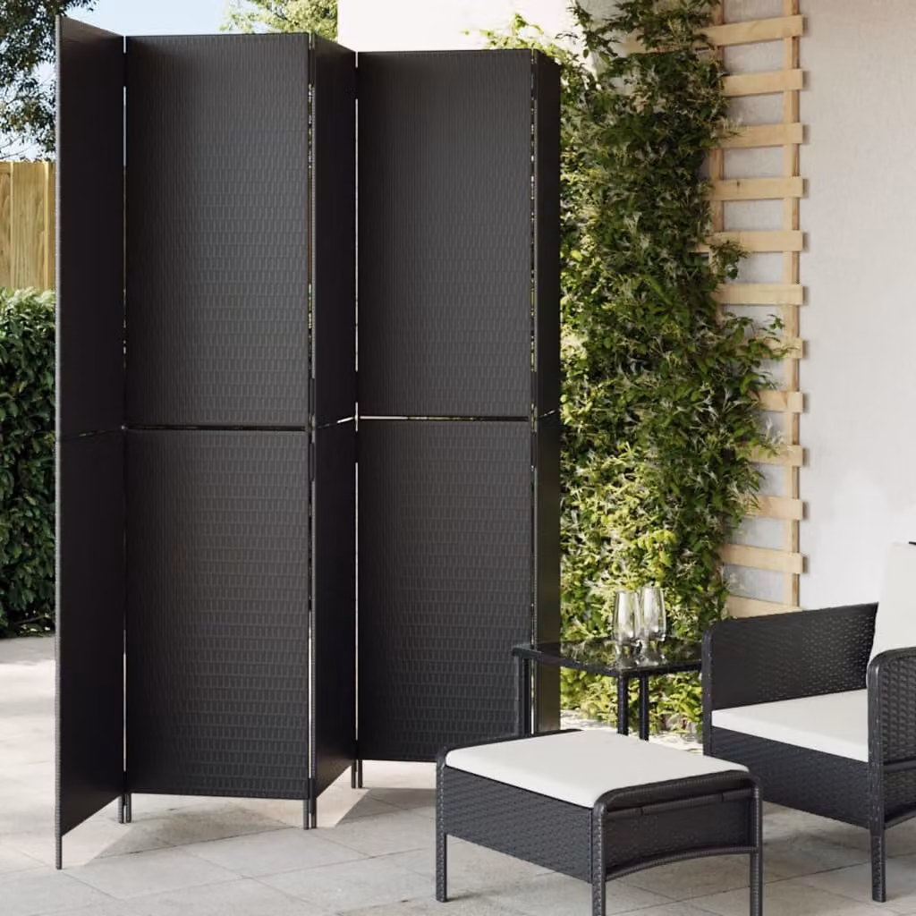 Divisorio per ambienti vidaXL a 5 pannelli in polyrattan nero con struttura in metallo H: 200 cm, L: 245 cm