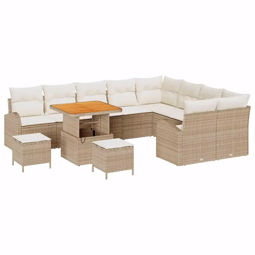Set Divano da Giardino vidaXL a Forma a U con 12 Pezzi, Colore Beige e Bianco, con Elementi Angolari, Pouf, Tavolino e Cuscini Inclusi – 2