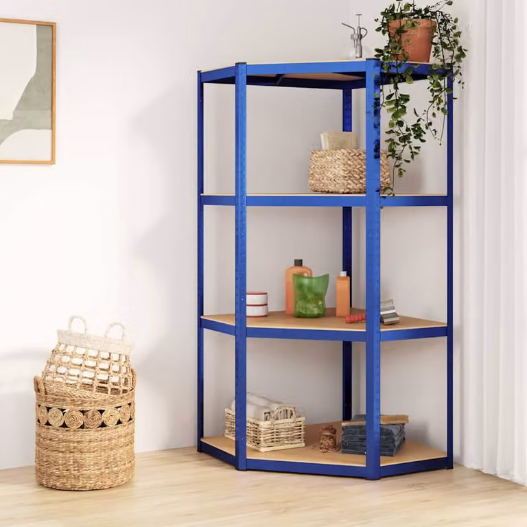vidaXL Mensola Angolare con 4 Ripiani Regolabili in Acciaio e Legno, Blu, Stile Industriale
