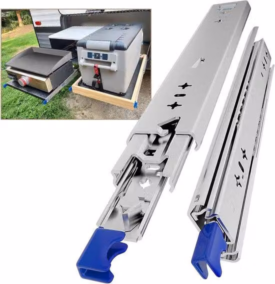 Sistema di accesso laterale robusto da 500 mm con guida, capacità massima di carico 120 kg, ideale per camper e caravan. Scala laterale con barra scorrevole completamente estendibile e cuscinetti a sfera (2 pezzi).