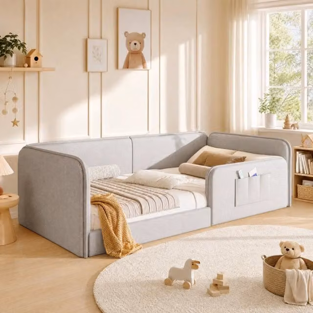 Letto a piattaforma 90x200 cm imbottito in lino beige con tasche laterali