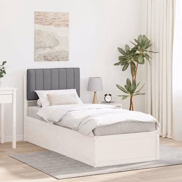 Letto moderno vidaXL con testiera rivestita in tessuto grigio e struttura in legno di pino L: 195,5 cm, P: 80,5 cm, H: 151 cm