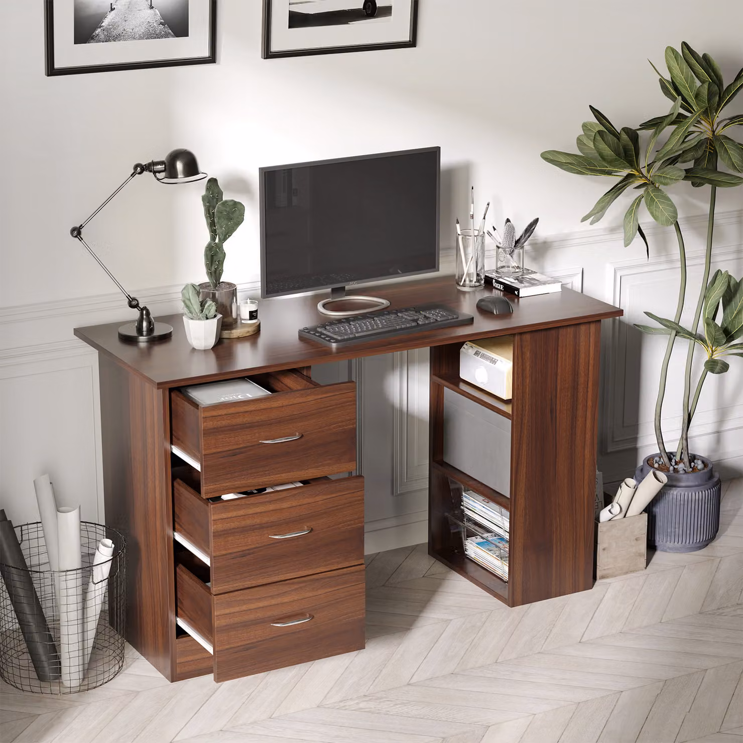 Scrivania da ufficio HOMCOM moderna in MDF con 3 cassetti e 2 ripiani, colore noce, L: 120 cm, P: 49 cm, H: 72 cm – 2