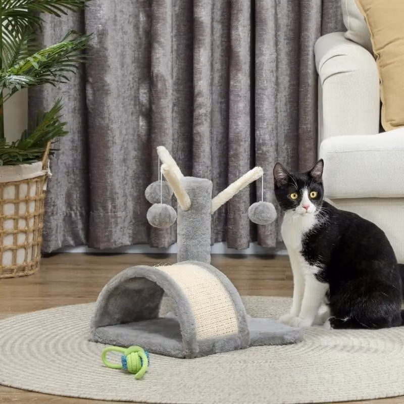 Albero per gatti Moonbite Kleiner Katzenturm, 40 cm, con cuccia, piattaforma a forma di zampa, 2 palline, tappetino per graffiare in sisal, ideale per piccoli spazi, rivestito in peluche, colore grigio chiaro