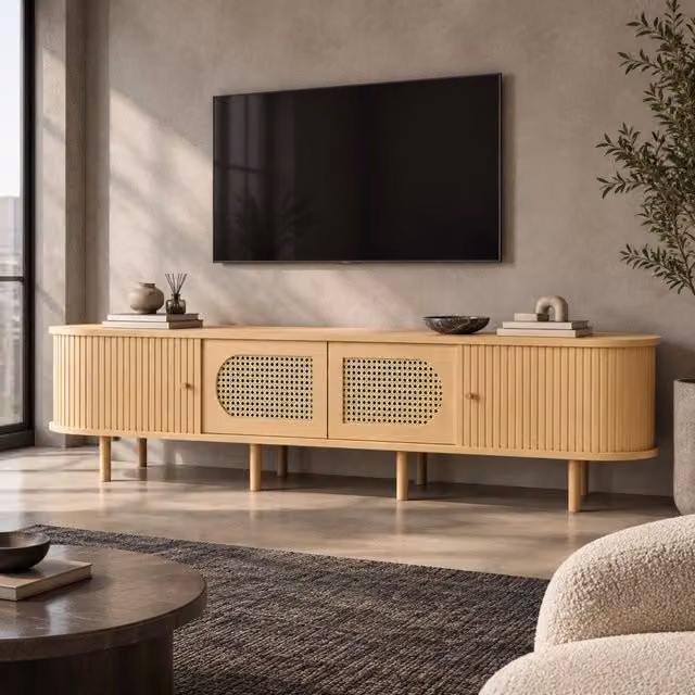 Mobile TV 180x40x40 cm con ante effetto rattan e serrande laterali in MDF naturale