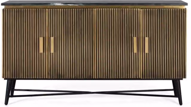 Credenza Giner y Colomer con 4 ante in legno di mango, rivestimento bronzo e piano in marmo nero, stile glamour – 1