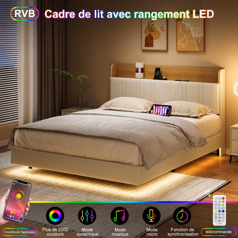Letto sospeso 140x190 cm, imbottito, LED, USB, PU, bianco