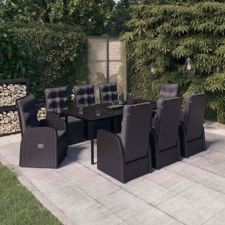 Set da pranzo da giardino vidaXL in polyrattan nero con 9 pezzi e cuscini