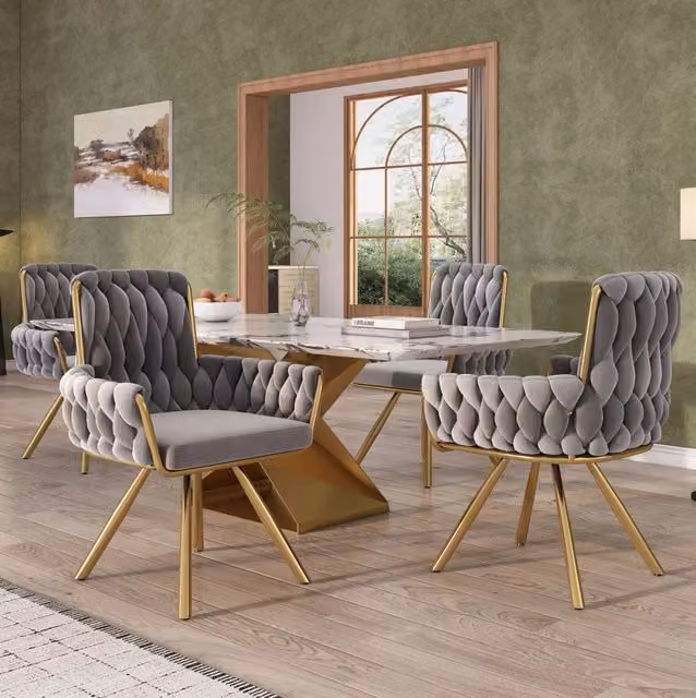 Set di 4 sedie da pranzo in velluto grigio con base girevole e gambe in metallo