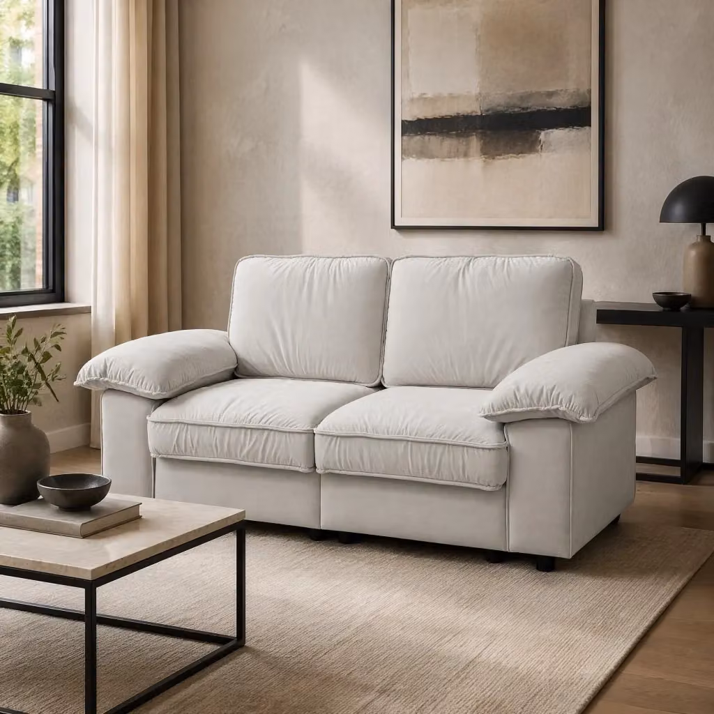 Divano Mivray moderno con vano contenitore in tessuto bianco con braccioli imbottiti e cuscini removibili – 2