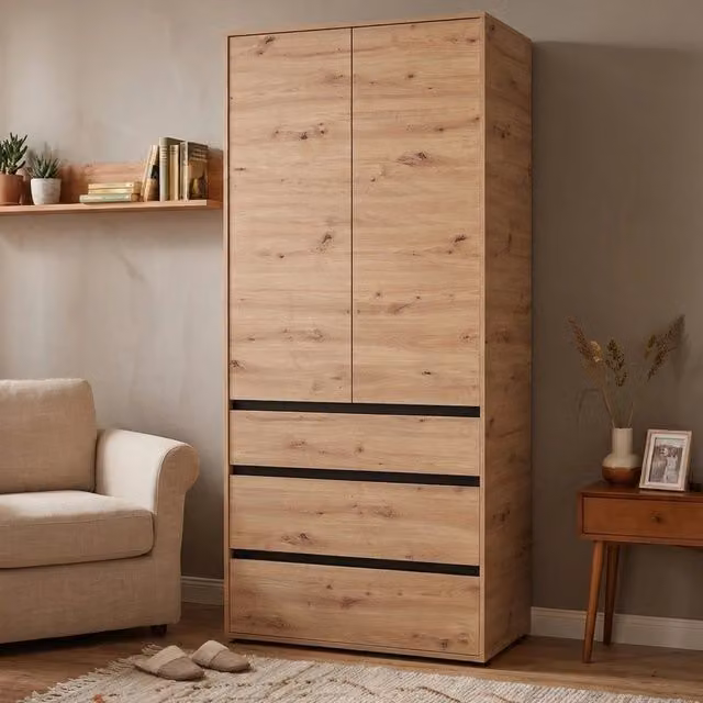 Armadio da camera da letto moderno DMORA con ante a battente, cassetti interni e appendiabiti, finitura rovere opaca, L: 93 cm, H: 211 cm – 1
