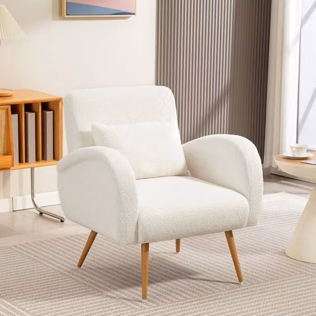 Poltrona imbottita MIVRAY in tessuto bouclé bianco con cuscino lombare e gambe in metallo L: 83 cm, P: 77 cm, H: 77 cm