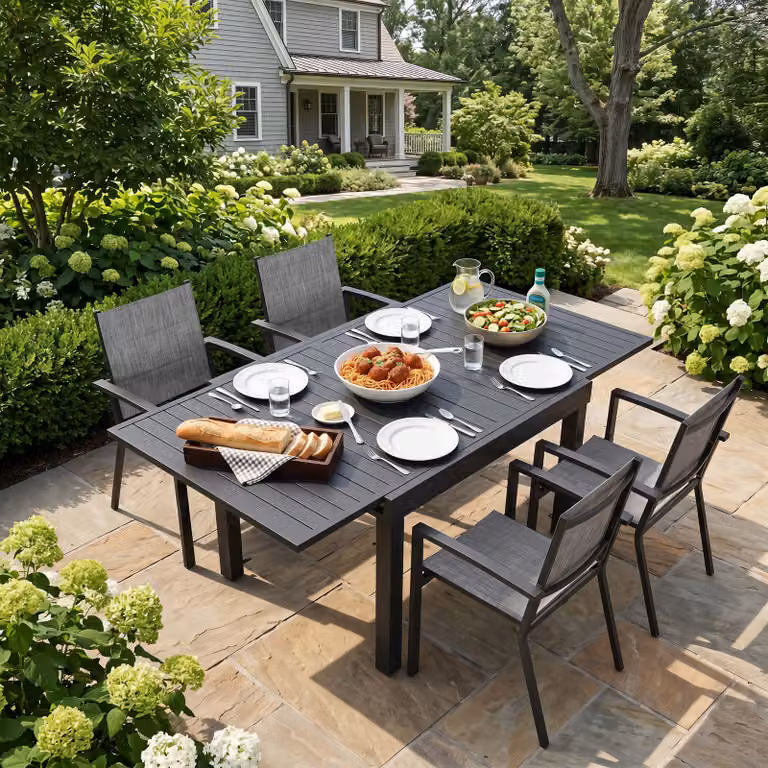 Set da pranzo per terrazza in alluminio, composto da 5 pezzi: tavolo allungabile e sedie impilabili