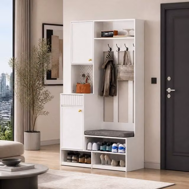 Set di mobili da ingresso MIVRAY bianco con panca imbottita, 4 ganci, armadio, 2 cassetti e pannello forato in MDF, L/P/H: 100 x 35 x 180 cm – 1