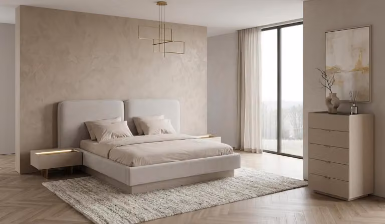 Set per camera da letto: letto, comodini, cassettiera. Colore: beige. Stile: elegante, lussuoso, di design