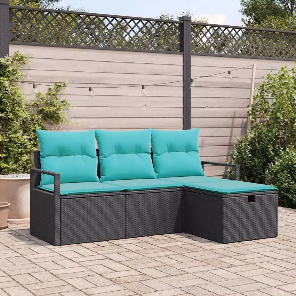 Set di divani da giardino vidaXL a 4 posti in polyrattan con struttura in metallo e cuscini, colore nero e turchese