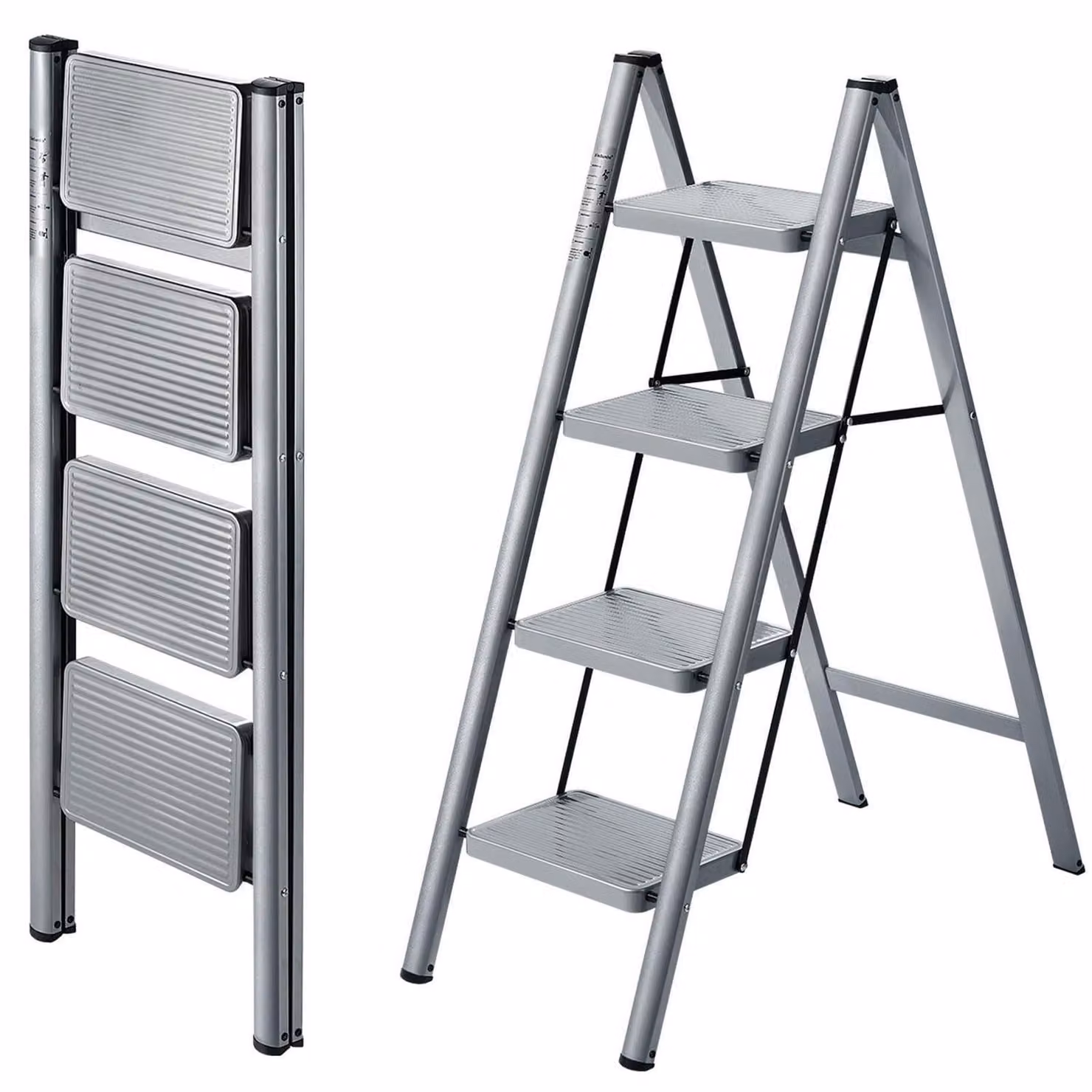 Scala a 4 gradini in acciaio, pieghevole, portata massima 150 kg, colore grigio argento, altezza 92 cm