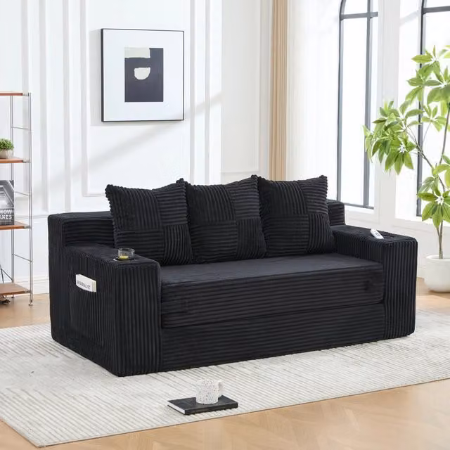 Divano modulare a 2 posti in velluto a coste nero; 172x87x64 cm; senza montaggio
