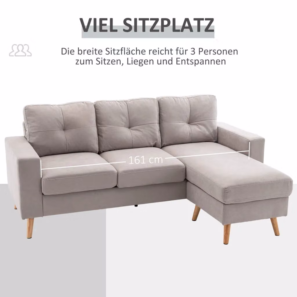 Divano angolare a L WISHDOR con chaise longue reversibile, 3 posti, tessuto grigio, struttura in legno massello, L 193 x P 85 x H 136 cm – 2