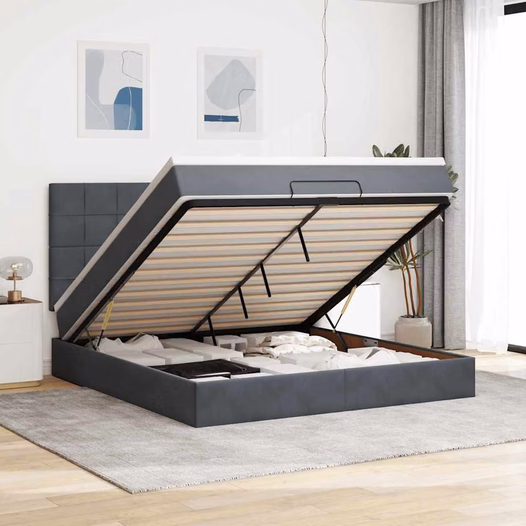 Letto con contenitore a sollevamento vidaXL in velluto grigio e bianco con materasso L/P/H: 180 x 200 x 28 cm