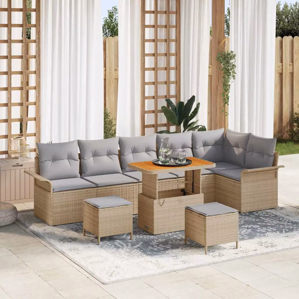 Set Divano da Giardino a L vidaXL 9 pz Beige con Cuscini e Tavolino in Polyrattan e Acciaio – 1