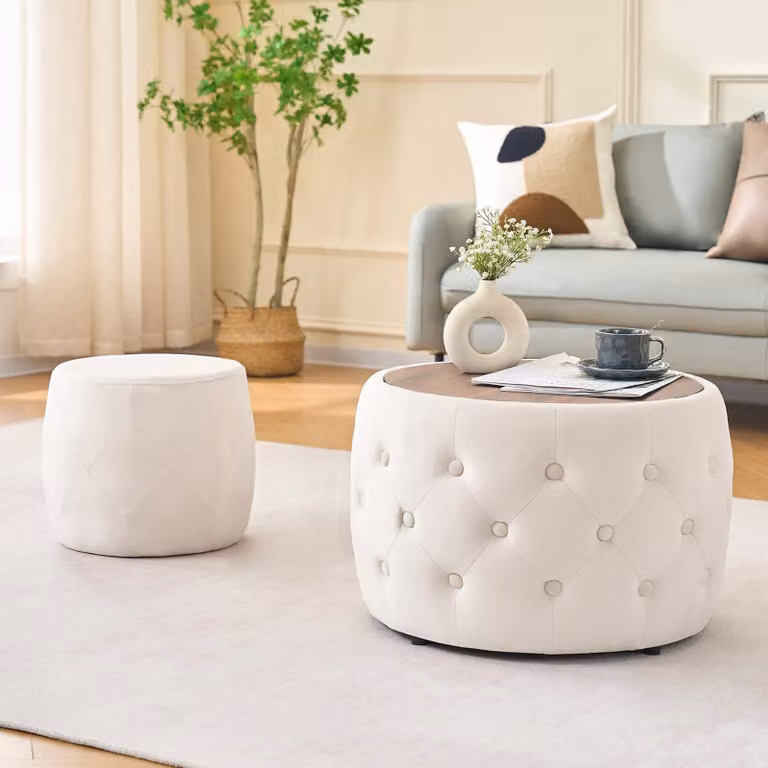 okwish Tavolino da conferenza con pouf nidificati, set da 2 pezzi, tavolino con spazio contenitore, tavolino rotondo e poggiapiedi con piano in legno, 4 in 1, color beige