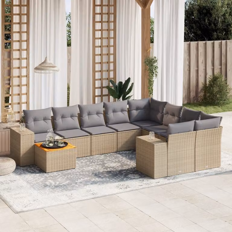 vidaXL Set Divano da Giardino 10 pz in Polyrattan con Cuscini Beige e Tavolino da Esterno