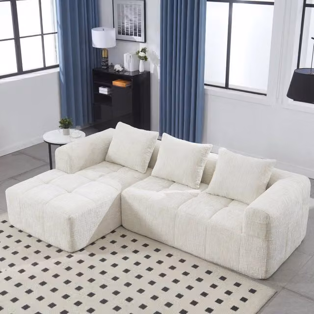 Divano modulare 3 posti con chaise longue senza montaggio tasche laterali e cuscini in ciniglia beige 250 × 158 × 60 cm