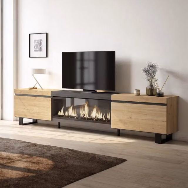 Mobile TV Soggiorno, 267x35x57cm, TV di grande formato, Camino elettrico XXL, Design industriale, colore Rovere e nero RF3603