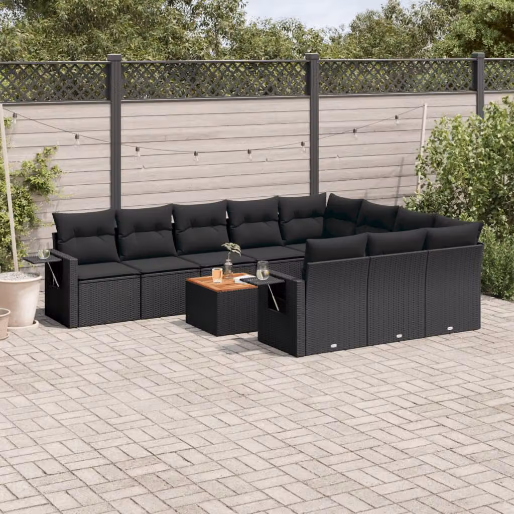 vidaXL Set Divani da Giardino 11 pz in Polyrattan Nero con Cuscini Imbottiti e Tavolino da Esterno – 1